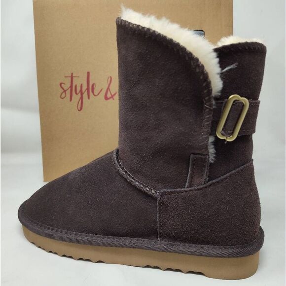 STYLE & CO SUEDE TEENYY CHOCOLATE SHERPA BOOT SIZE 6 NIB - Picture 1 of 10